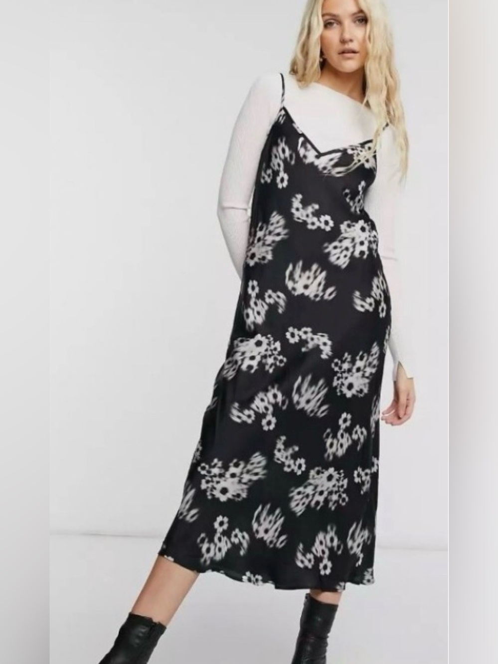 All Saints Hera Jasmine Black Maxi Slip Dress with White Floral Print